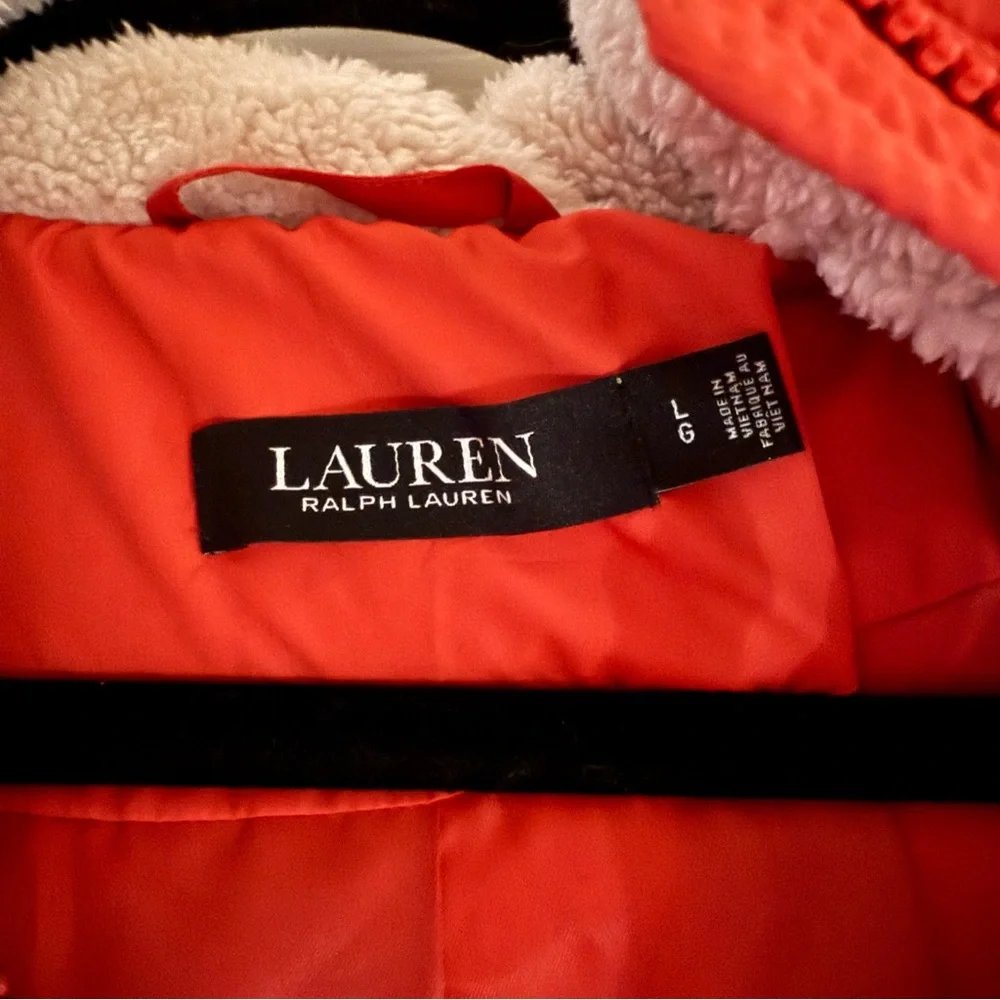 Lauren Ralph Lauren Orange Puffer Coat with Faux Fur Trim Hood - Picture 7 of 9